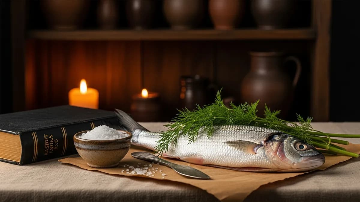 A kosher fish with scales beside sea salt, fresh dill, and a leather Torah volume on warm parchment linen