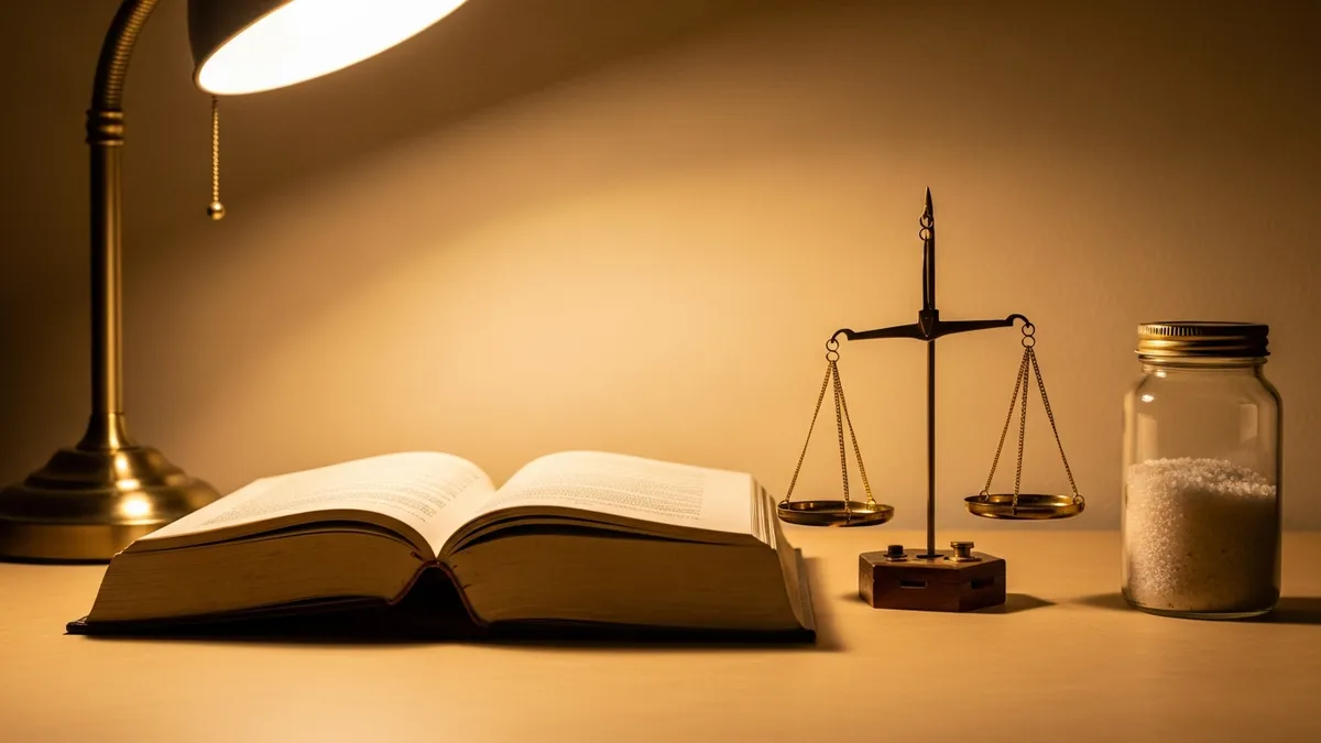 A balanced brass scale and jar of coarse salt beside a thick volume in warm lamplight