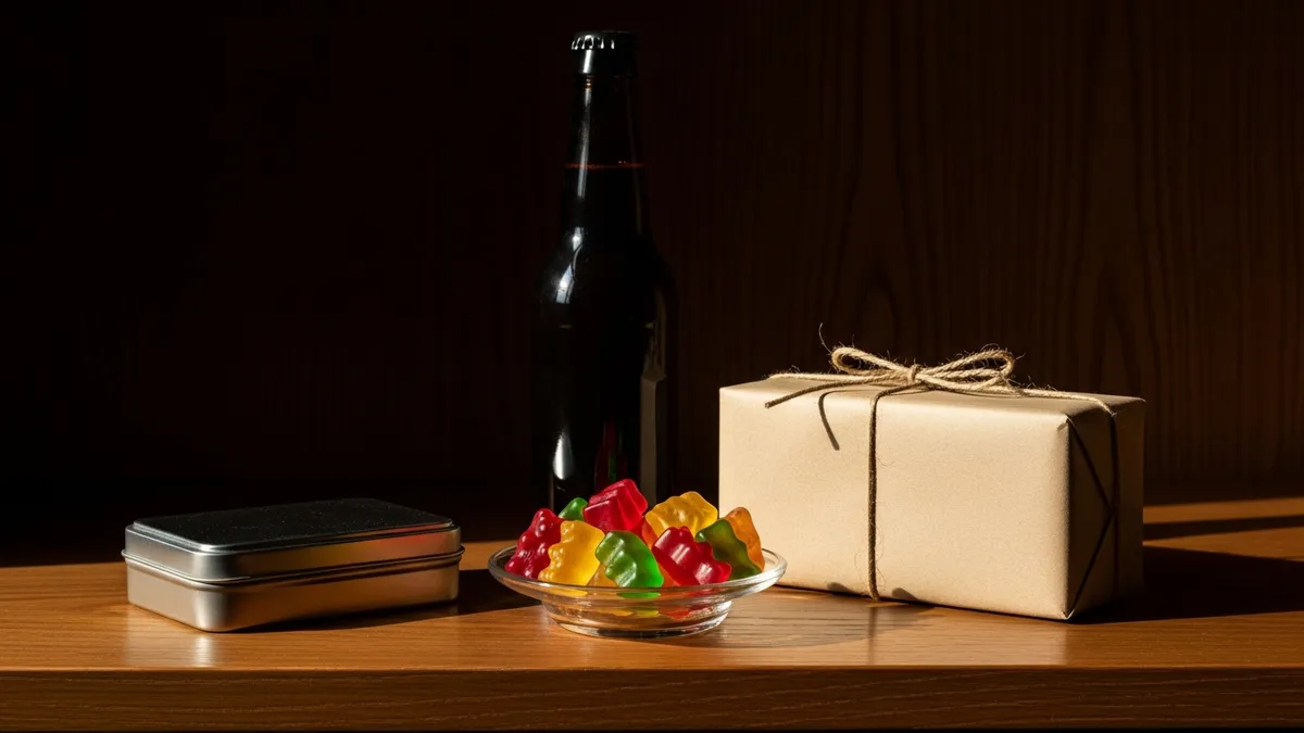 Glass jars of honey, chocolate, crackers, and dried fruit arranged on a warm oak pantry shelf in soft window light