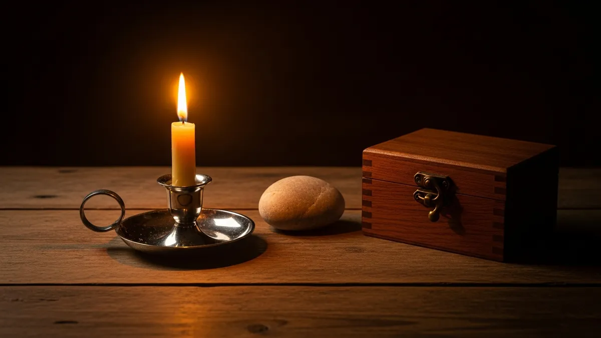 Antique leather-bound book and quill pen on a worn wooden desk with warm candlelight and golden window glow