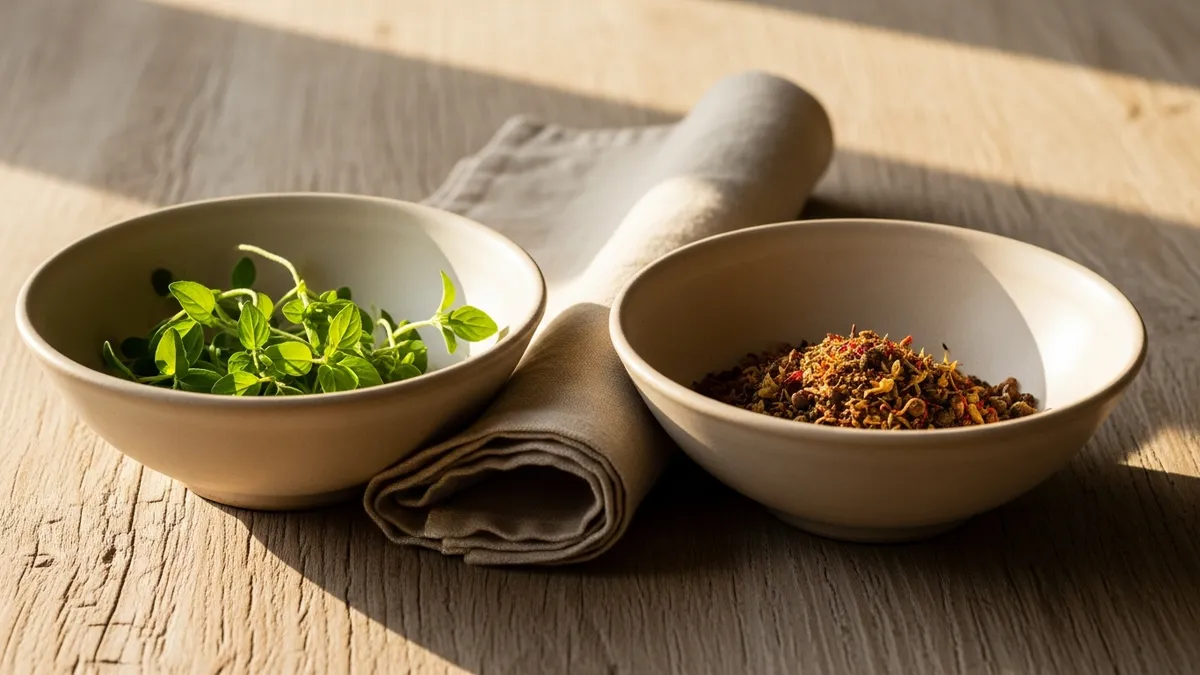 Two ceramic bowls with herbs and spices side by side on a warm wooden surface in golden afternoon light