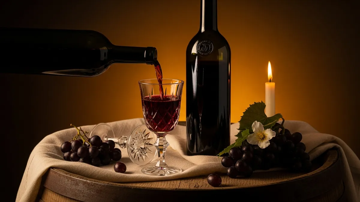Crystal kiddush goblet of deep red wine beside a bottle and ripe grape clusters on aged oak, lit by warm candlelight