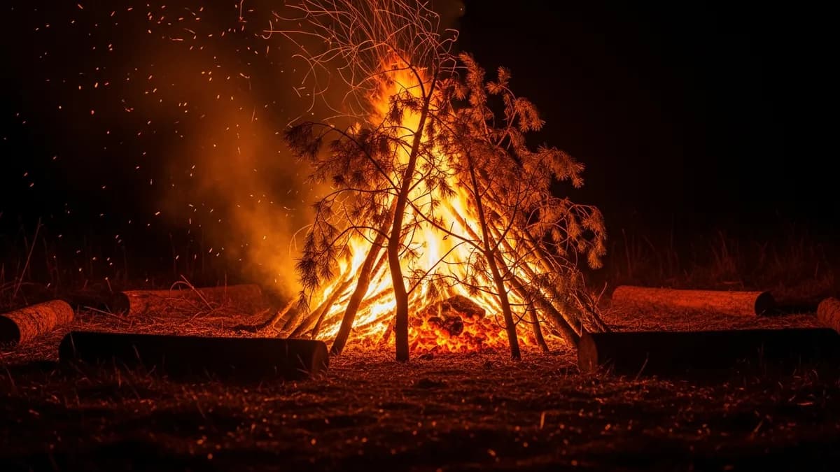 Glowing bonfire with rising sparks against a deep twilight sky, surrounded by dry logs and golden grass