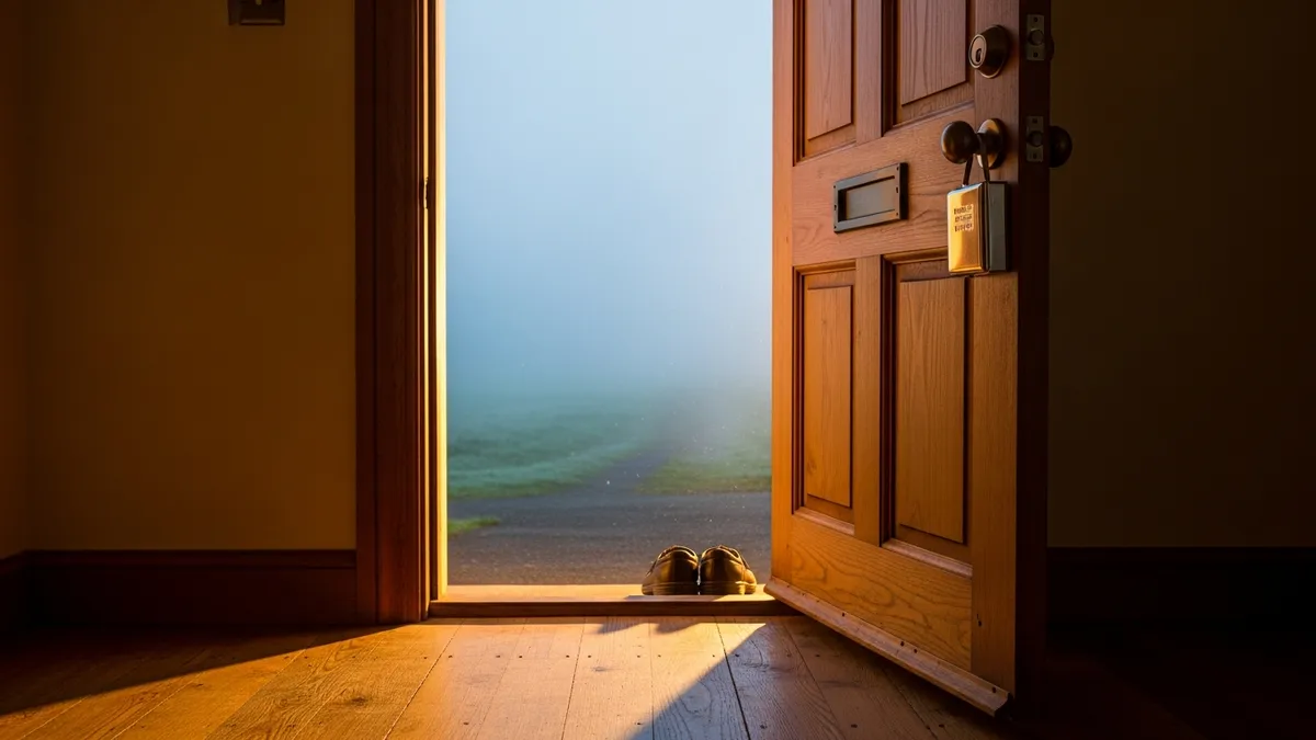 Half-open doorway with a mezuzah on the post, worn shoes on the threshold, pale dawn light beyond an empty path
