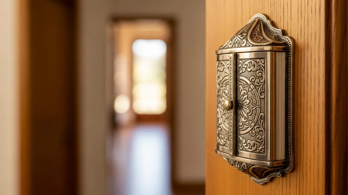 Ornate silver mezuzah case on a warm wooden doorpost, soft golden light illuminating embossed metalwork