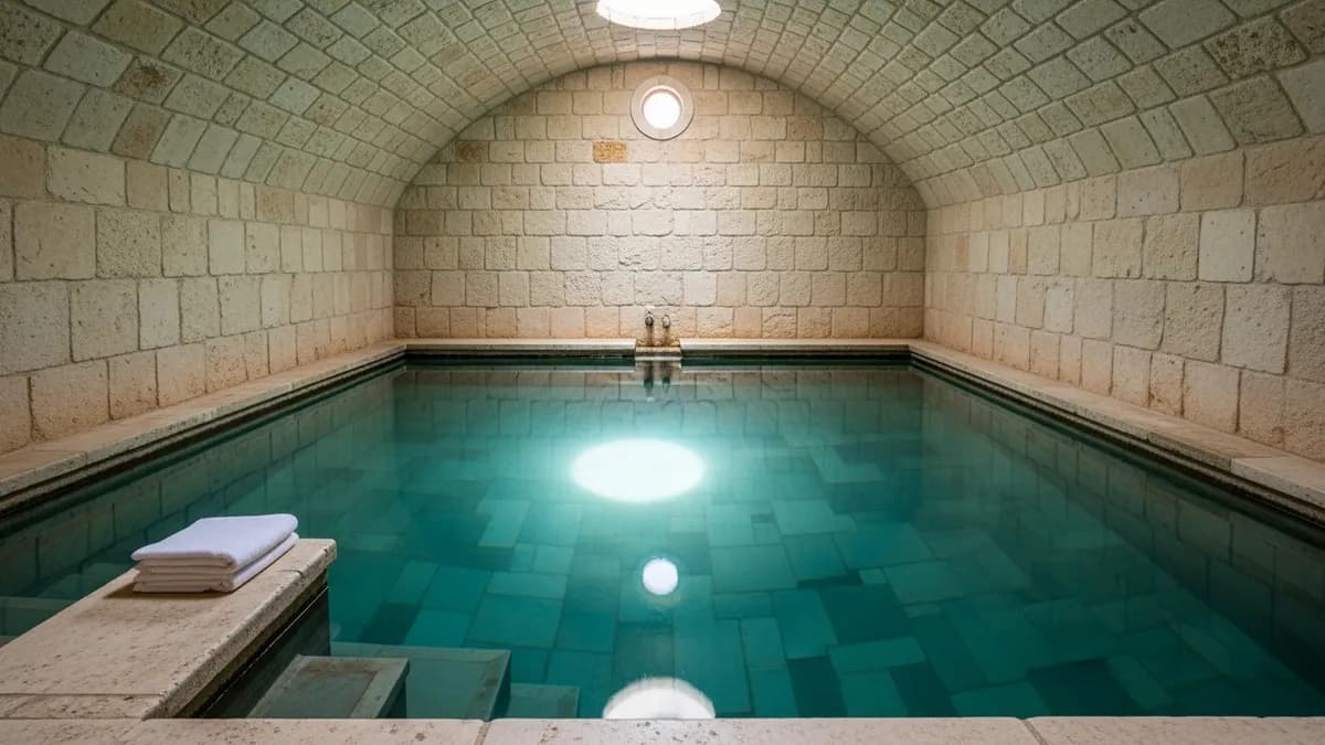 Still crystal-clear water in a stone-lined ritual bath chamber with soft diffused light and pale limestone walls