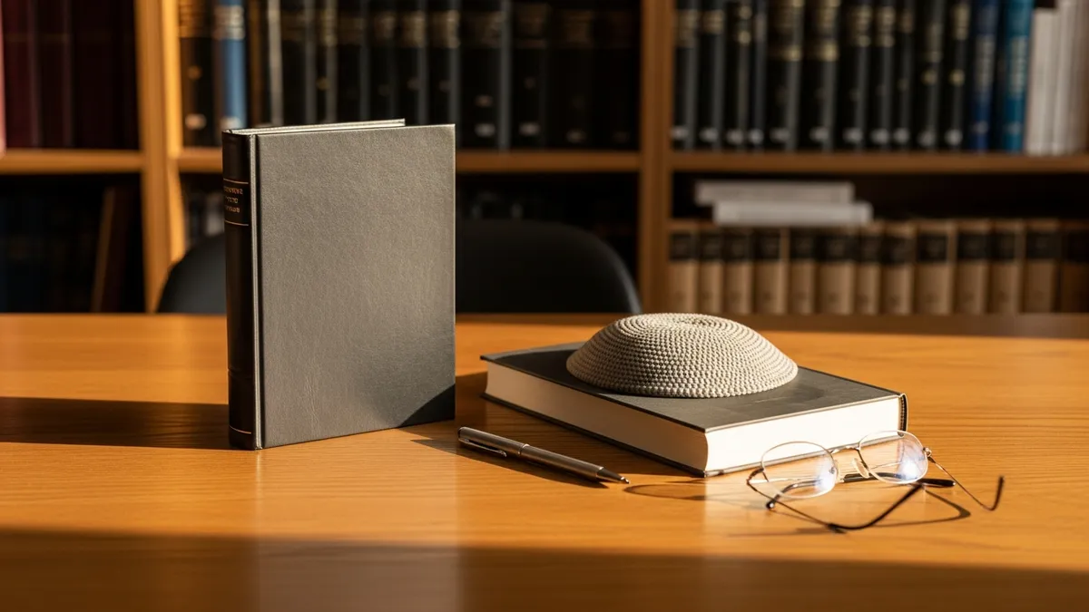 Open Talmud and modern book on a polished oak desk with reading glasses and silver kippah in warm window light