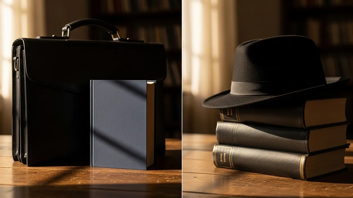 Leather briefcase beside a Talmud and a black hat resting on stacked sefarim on a warm oak study table