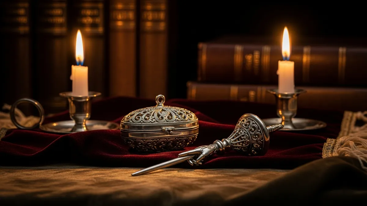 Aged parchment manuscript open on a walnut study table with candlelight, inkwell, quill, and blurred shelves of old books