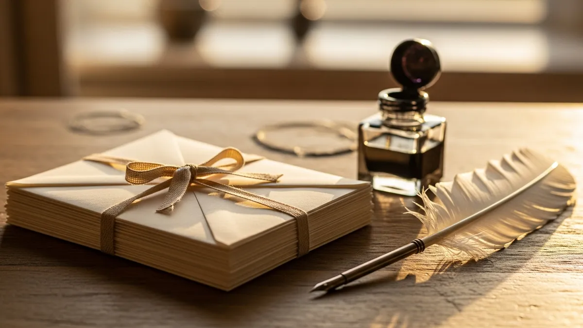Stack of folded letters tied with linen ribbon on a wooden writing desk by warm afternoon light