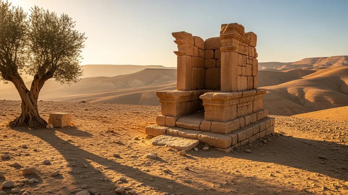 Ancient stone altar ruins on a desert plateau at golden hour, with an olive tree and rolling hills under warm amber light