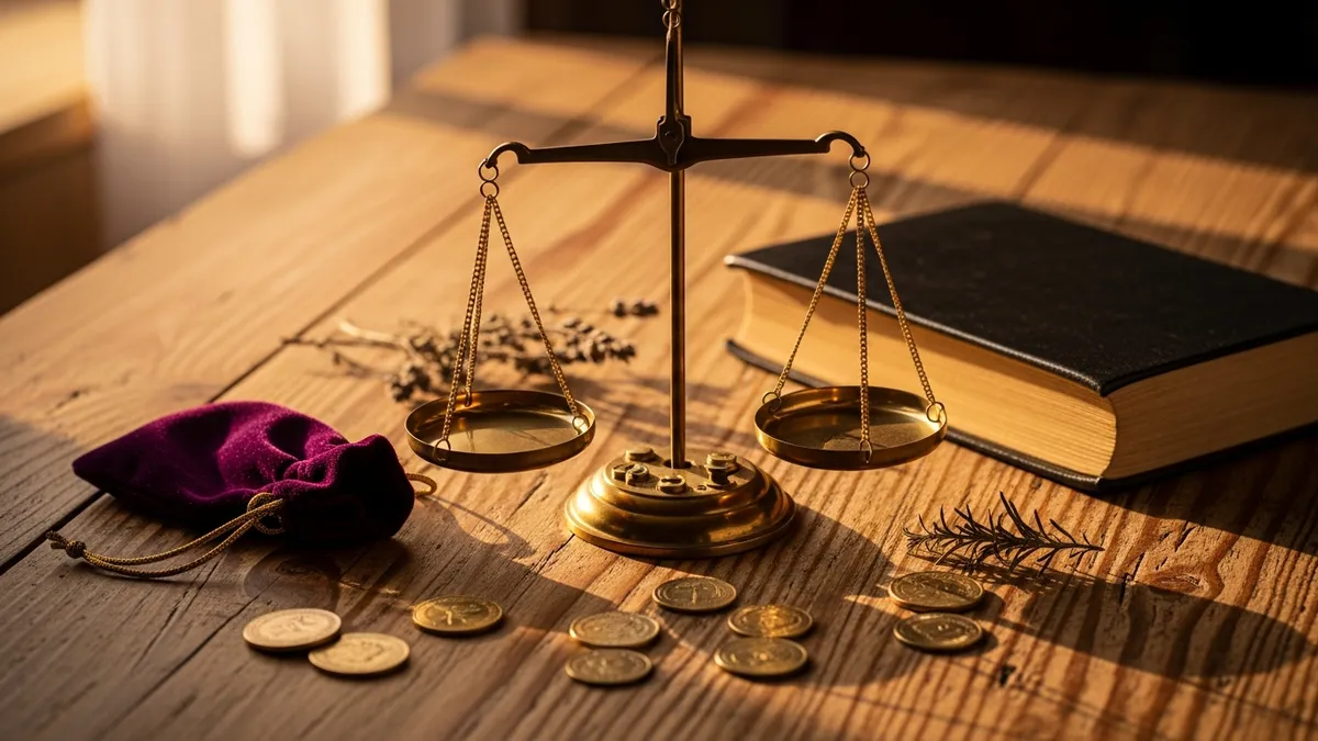 Brass merchant scale balanced on a worn wooden table beside a linen pouch, aged ledger, and antique coins in soft window light