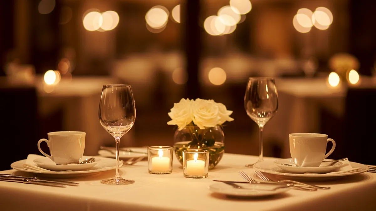 Candlelit café table with two fine china cups, white roses, and gleaming silverware set in warm amber bokeh light