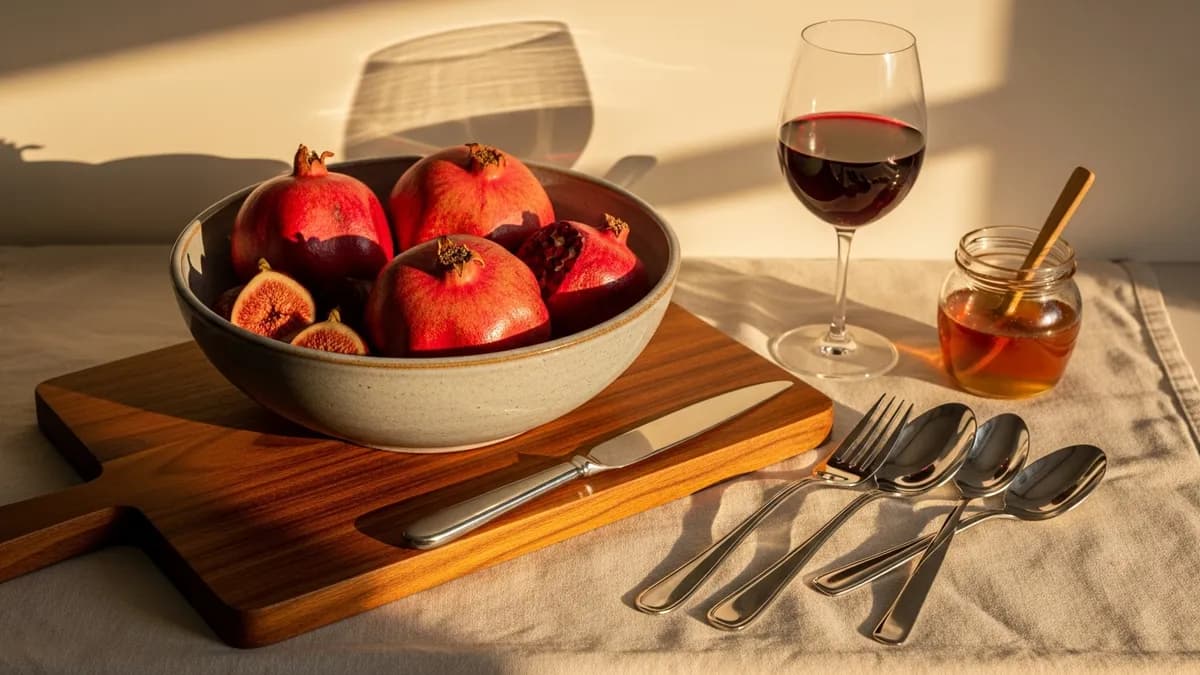 Polished wooden board, pomegranates, figs, two sets of silverware, and a glass of ruby wine on cream linen in golden light