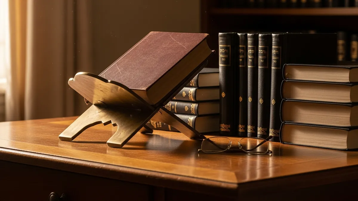 Sunlit yeshiva study table with stacked Talmud volumes, brass bookstand, and warm amber light across leather-bound sefarim