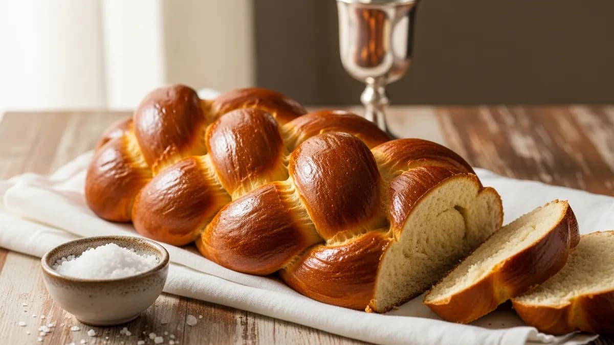 Golden braided challah on white linen with a ceramic salt bowl and blurred silver Kiddush cup in warm window light
