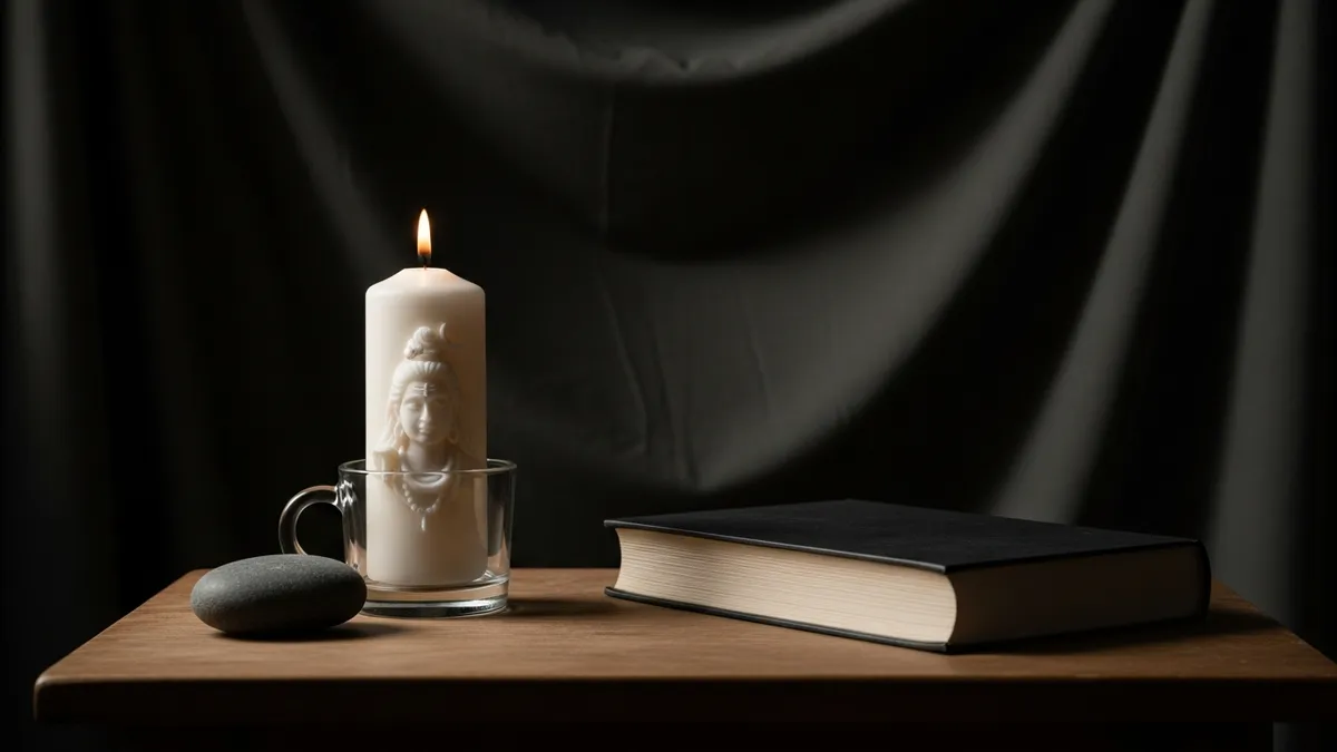 Single white candle burning beside a smooth river stone and open prayer book on a draped stone surface in muted warm tones