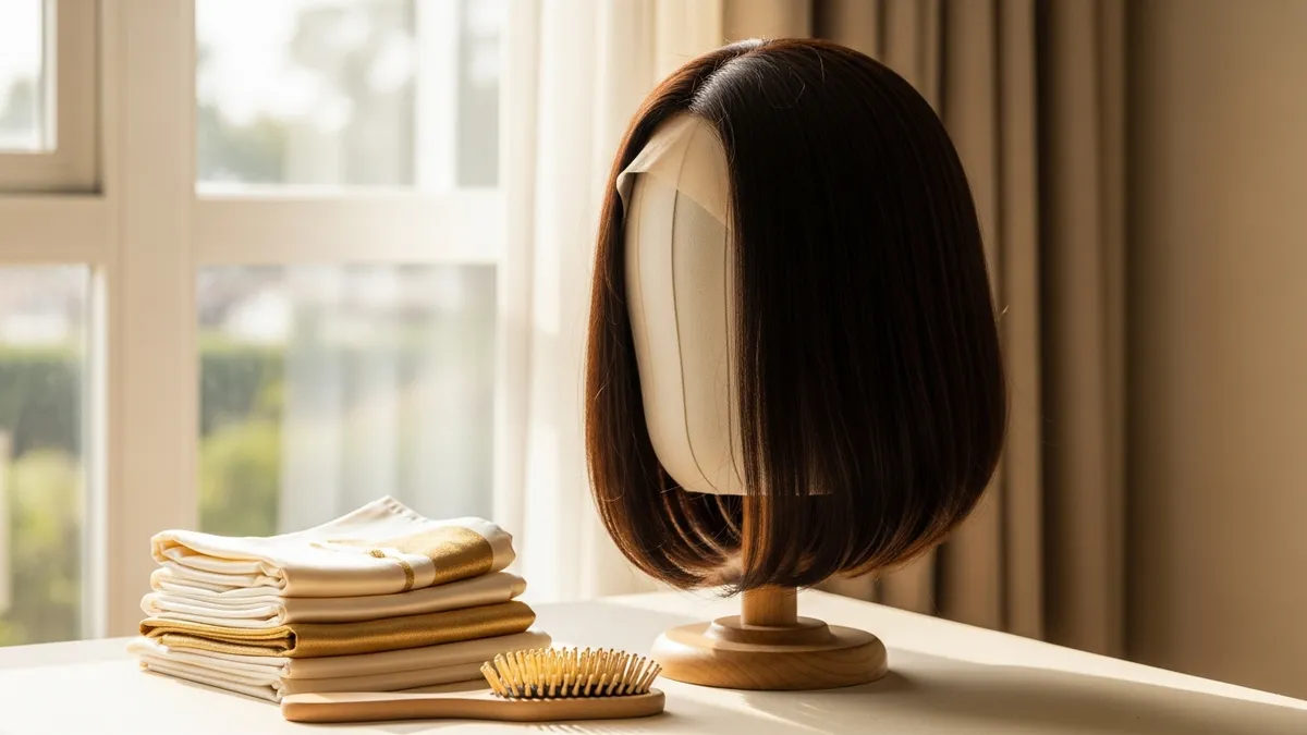 A wig on a wooden stand beside folded silk headscarves on a dressing table