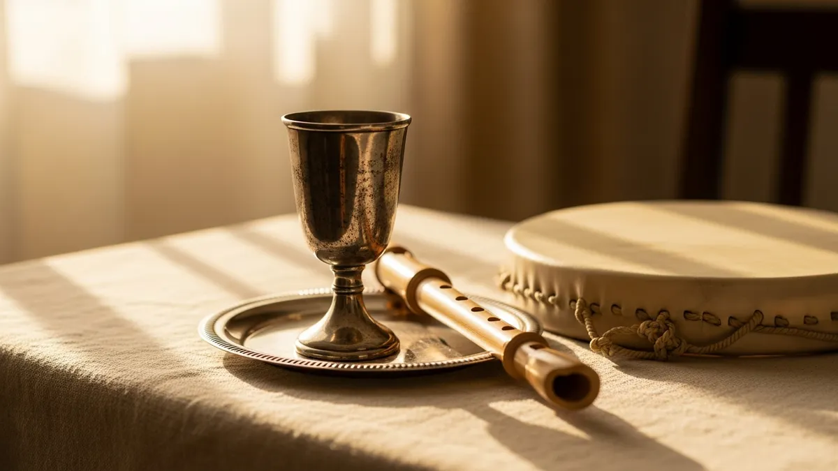 Silver Kiddush cup and brass candlesticks on a white linen Shabbat table in golden window light