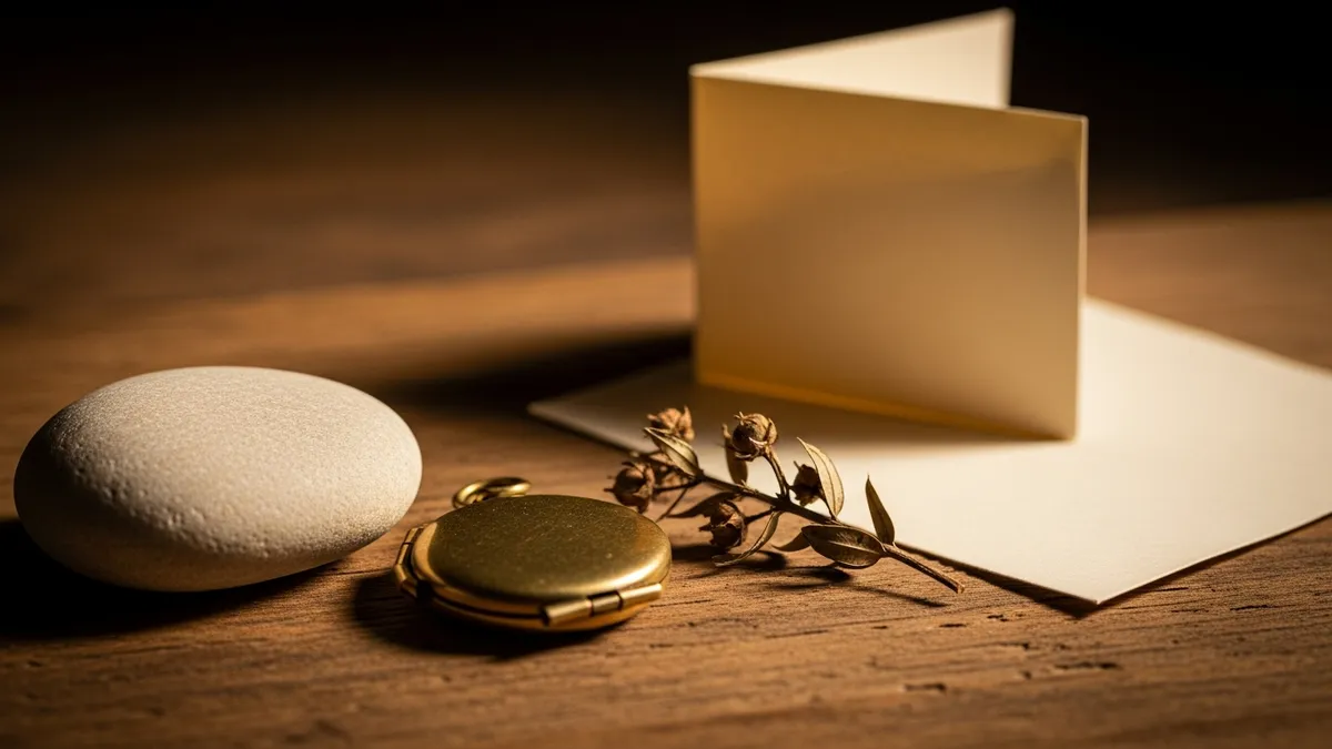 Antique leather family register book open on a dark wood surface with a brass pen in soft window light