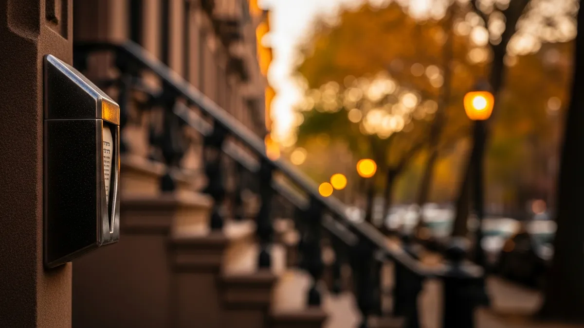 Mezuzah on a brownstone doorpost at golden hour on a tree-lined American neighborhood street