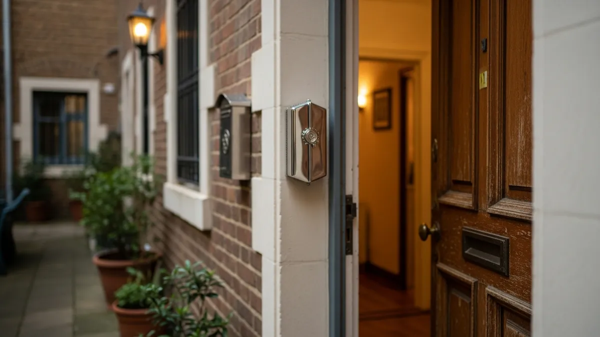 Silver mezuzah on a brick doorframe opening to a warm residential hallway in a Jewish neighborhood