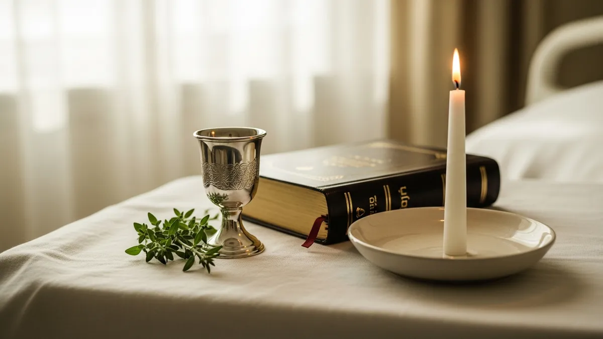 Silver Kiddush cup, siddur, and unlit candle on white linen evoking Shabbat-observant patient care