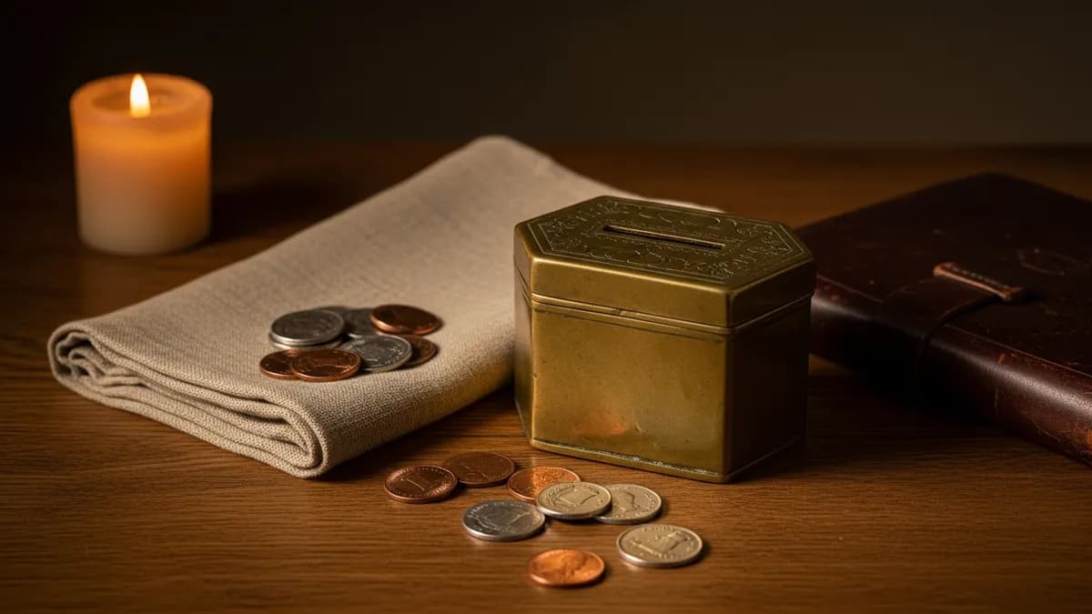Antique brass tzedakah charity box with coins and a leather ledger on a warm amber-lit oak table