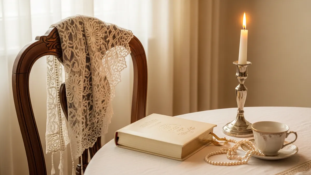 White linen hair covering and fringed garment on a wooden vanity bathed in soft morning light