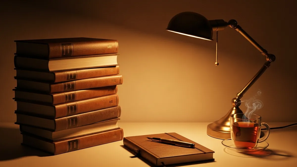 Closed leather-bound volumes stacked on a desk beside a brass lamp at dusk