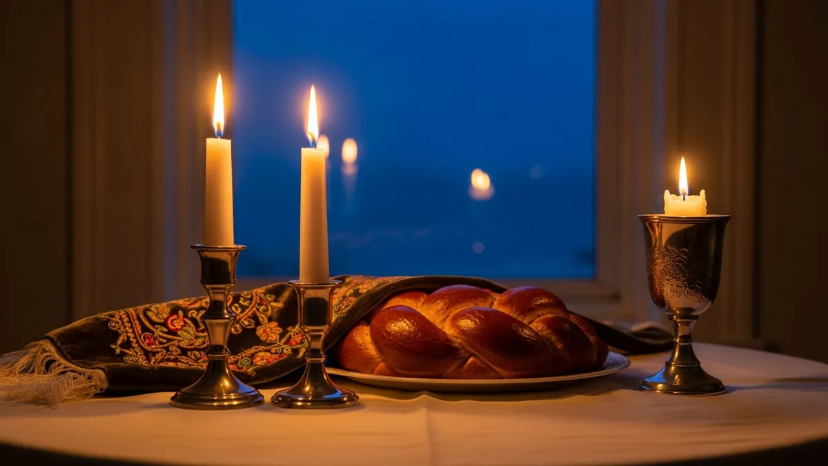 Silver Shabbat candlesticks with glowing candles beside a covered challah and kiddush cup at twilight