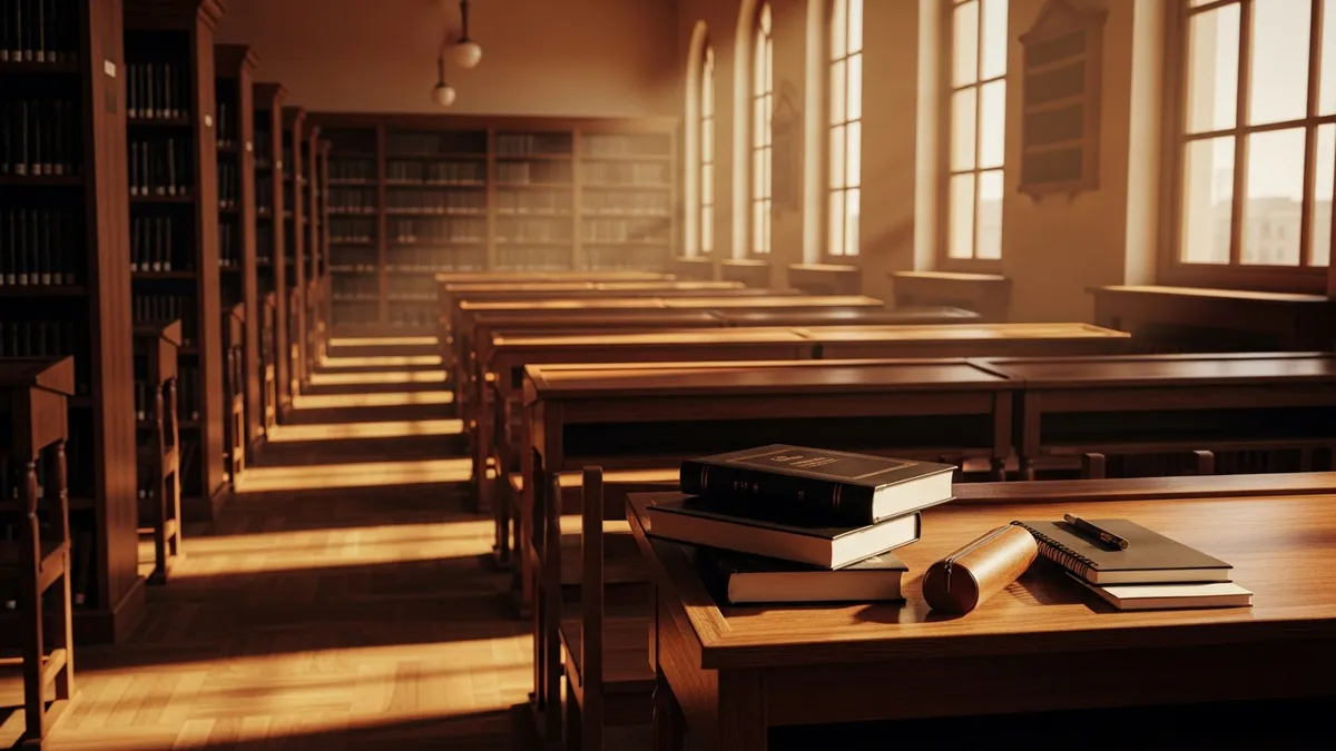 Sunlit study hall with open Talmud volumes, wooden benches, and sefarim-lined bookshelves in warm amber light