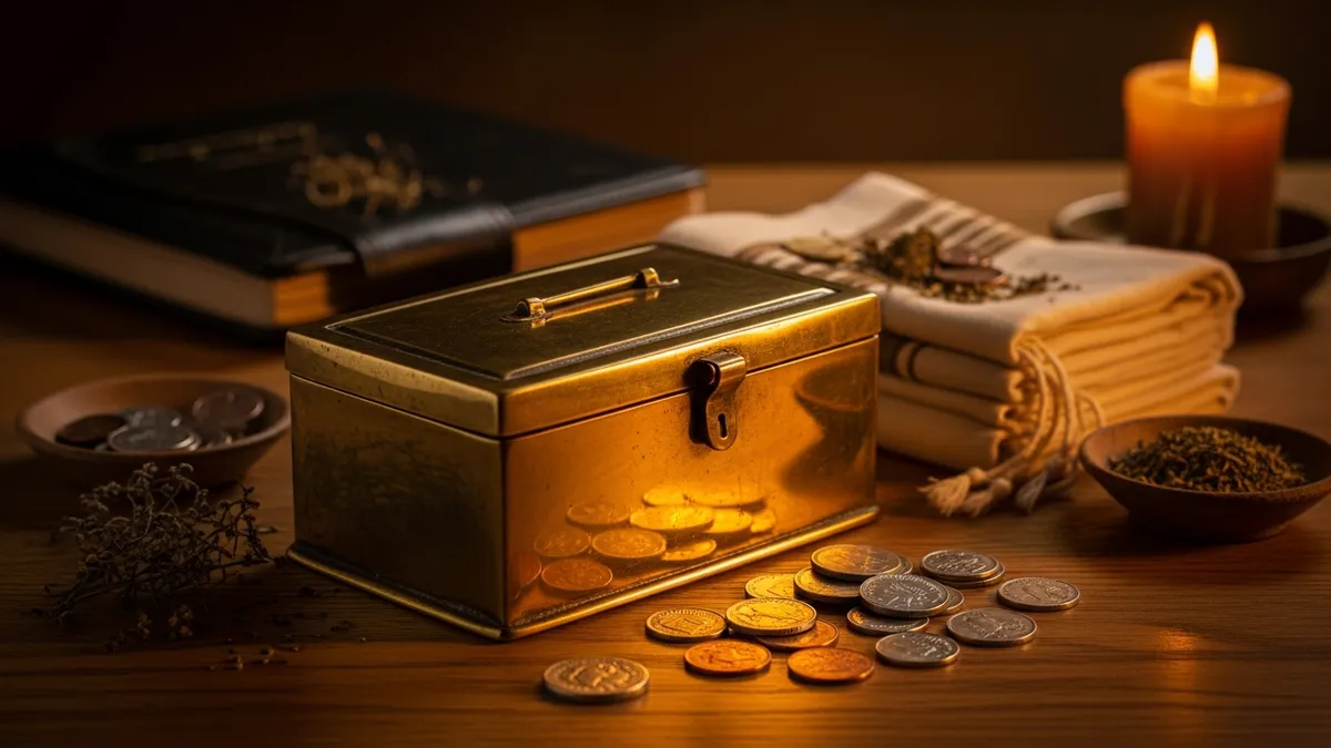 Brass tzedakah box beside an open ledger and antique gold coins on a warm amber-lit wooden desk