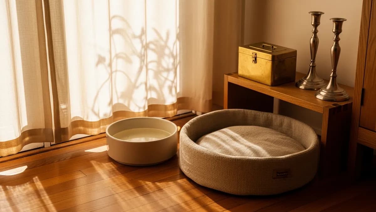 Ceramic pet bowl and linen pet bed on warm wooden floor beside an open halachic book in golden afternoon light