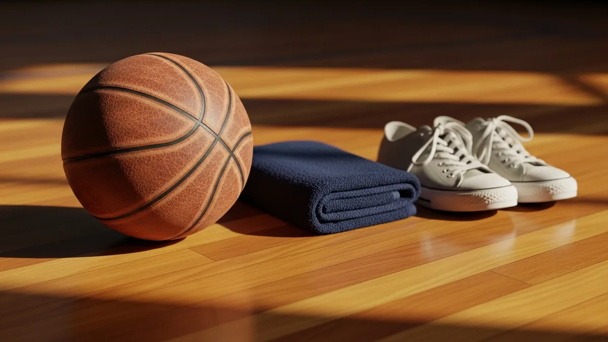 Weathered leather basketball resting on worn wooden gymnasium floor with folded towel and sneakers in warm amber light