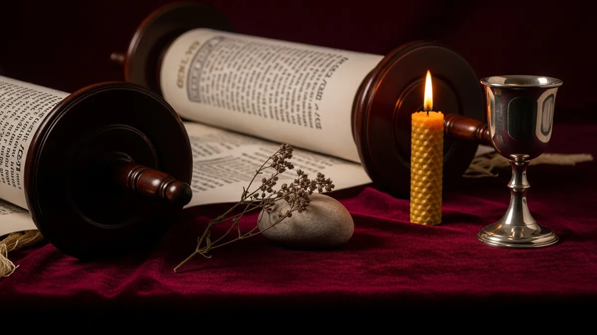 Open Torah scroll on wooden rollers beside an inkwell and quill on a dark study desk illuminated by candlelight