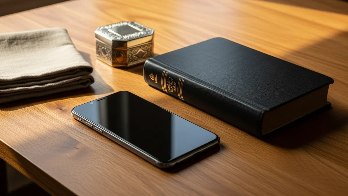 Modern smartphone resting beside an open leather-bound book on a warm walnut desk in soft golden light
