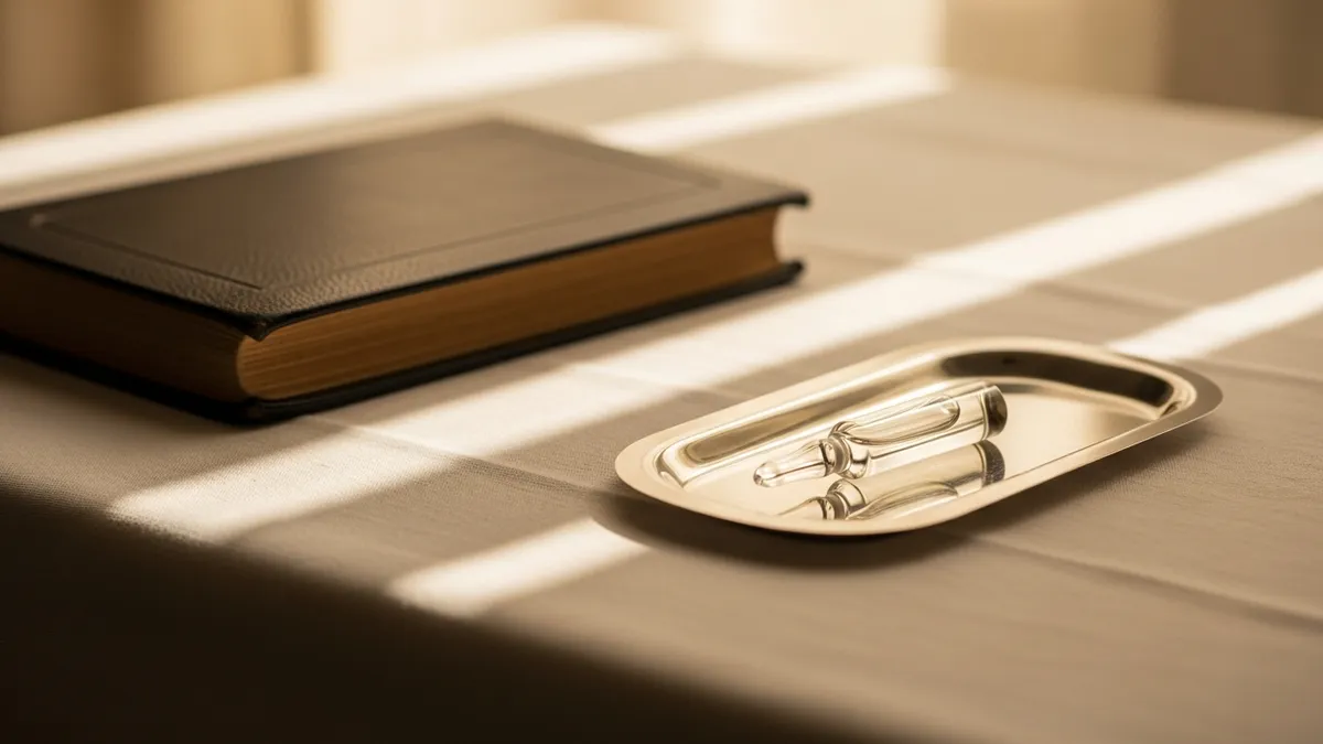 Glass medical vial on a silver tray beside an open book on a linen-covered wooden table in warm window light
