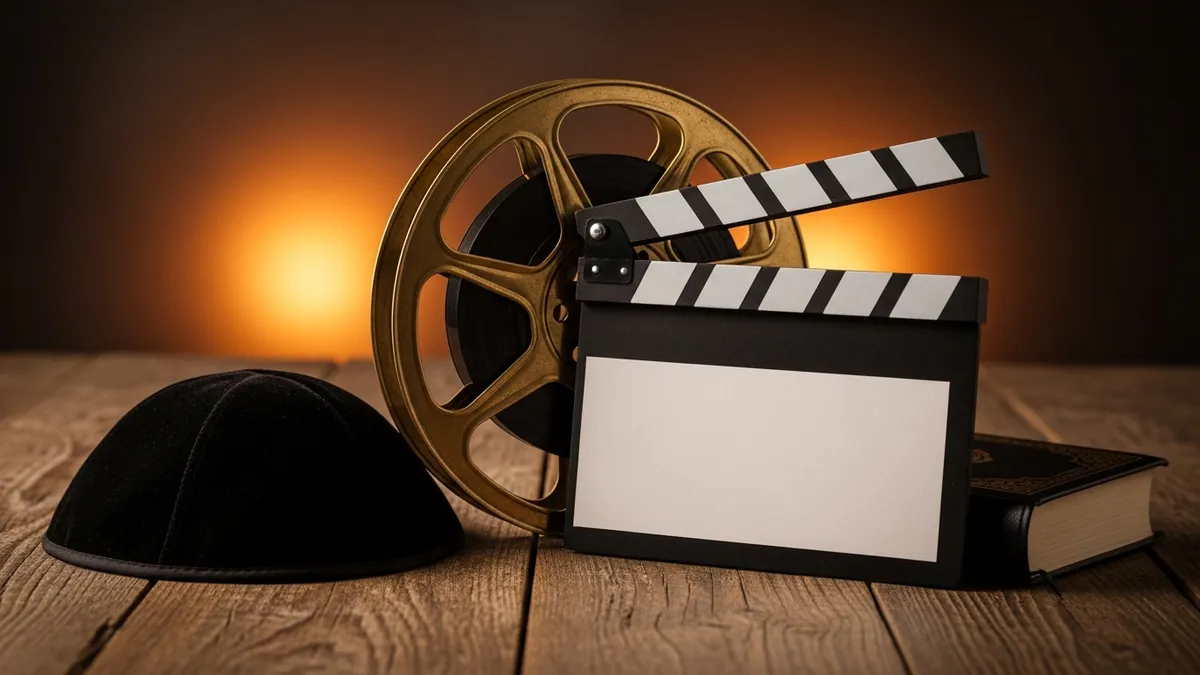 Vintage brass film reel and clapper board beside a velvet kippah and small siddur on a warm candlelit wooden table