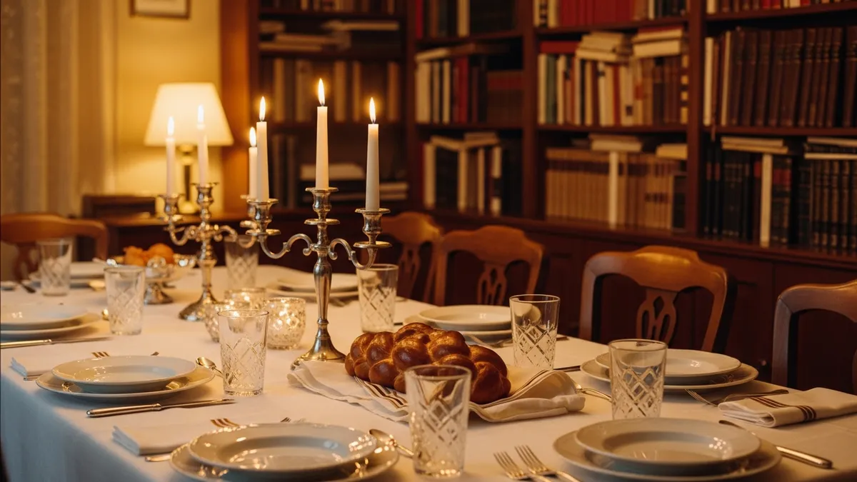 A Shabbat table set with candles, challah under a cloth, and glowing dishes in warm evening light