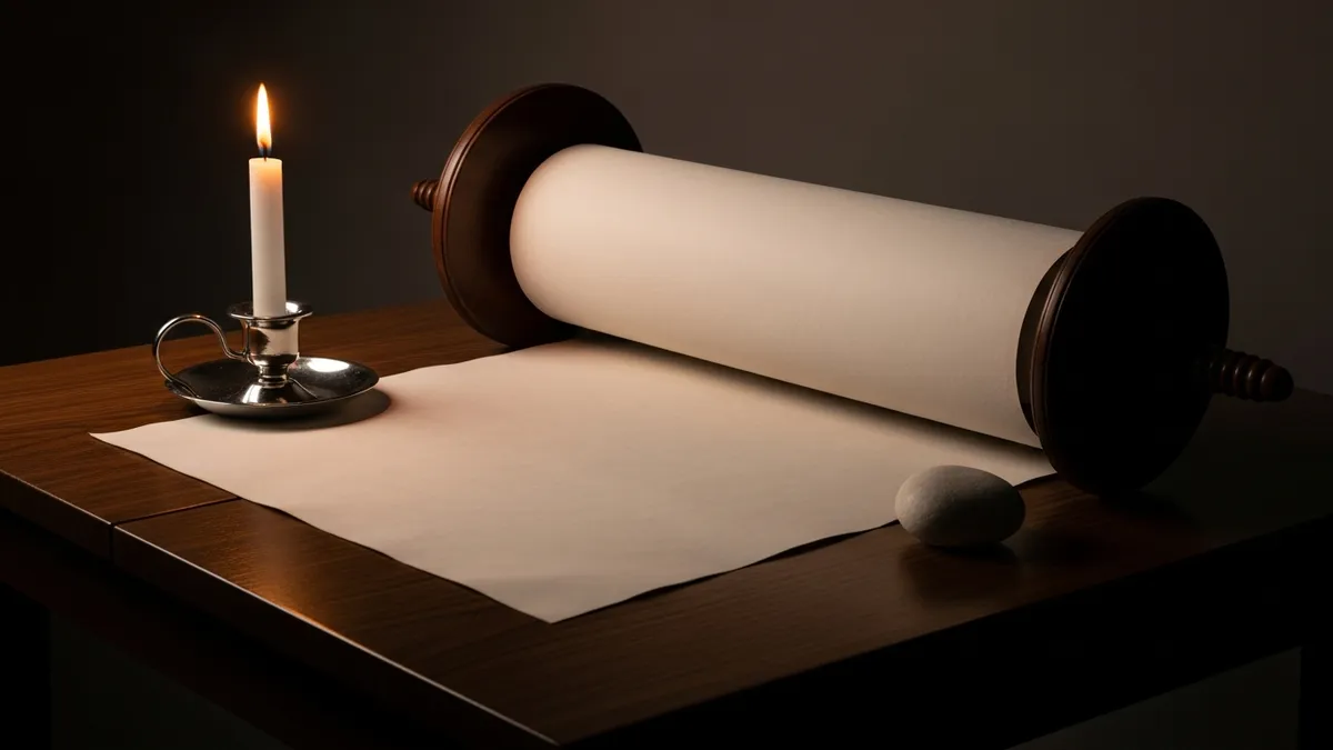 Single white candle burning beside an open book on an aged wooden study table, warm amber light on parchment pages