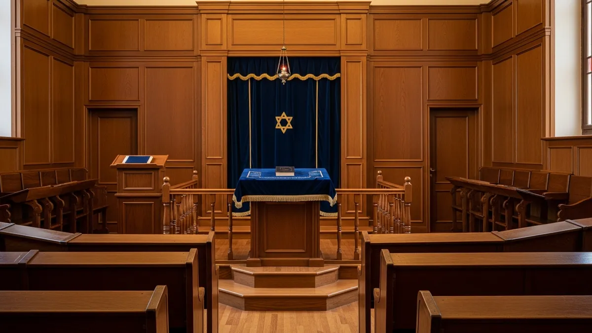 A warm synagogue interior with central reading platform and carved wooden ark