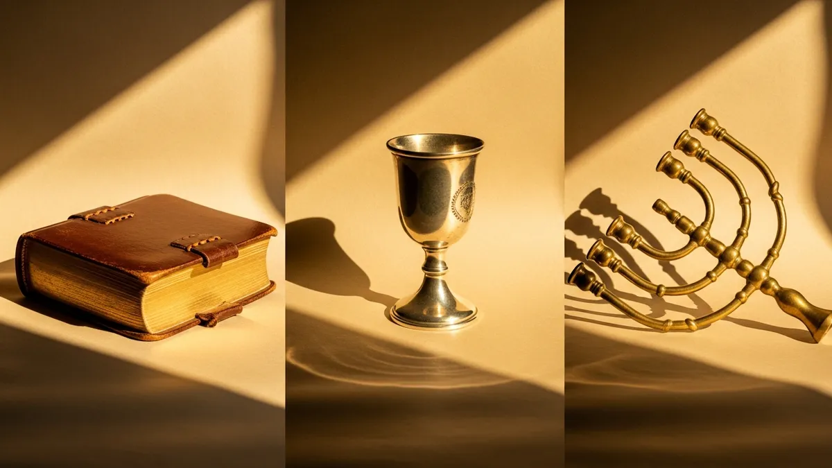 Three sets of Jewish objects — siddur, Kiddush cup, and menorah arm — each lit separately on a linen surface