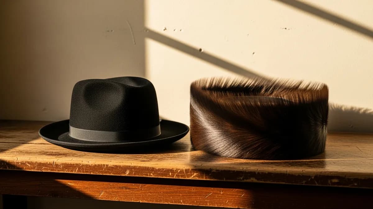 A classic black fedora and a wide-brimmed fur shtreimel resting side by side on a worn wooden bench in warm light