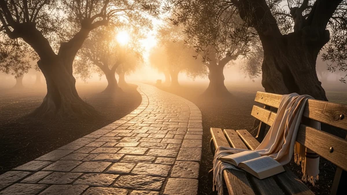 Stone path at golden dawn with open siddur and draped prayer shawl on a worn bench, symbolizing a spiritual journey in progress