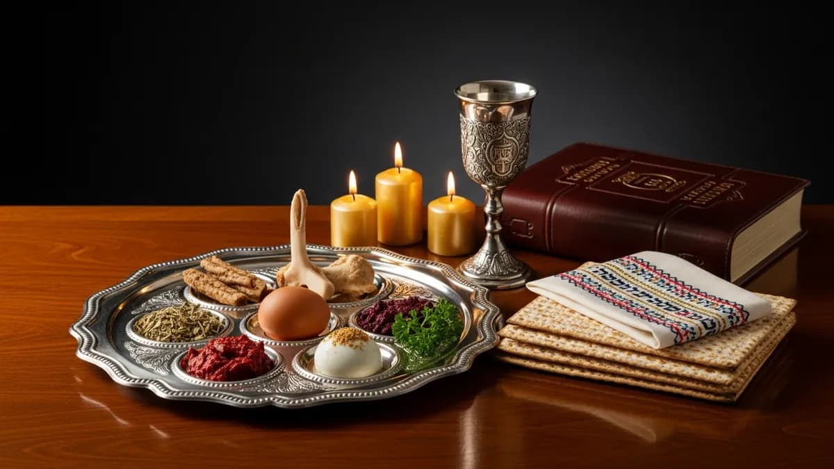 Silver seder plate with symbolic foods, kiddush cup, embroidered matzah cover, and Haggadah by candlelight