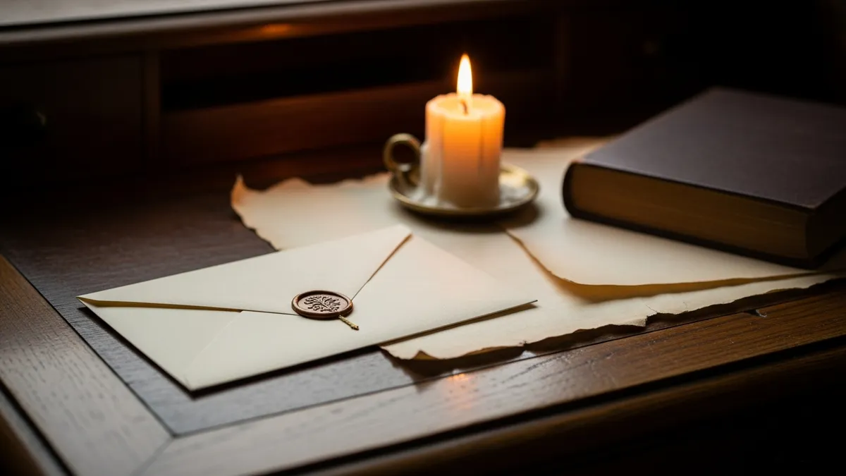Sealed cream envelope on antique oak desk beside brass seal and glowing candle, warm amber window light, aged parchment