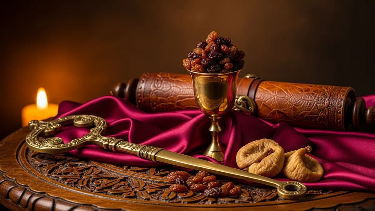 Ancient parchment scroll beside a gilded goblet and pomegranate on carved wood, lit by a brass oil lamp