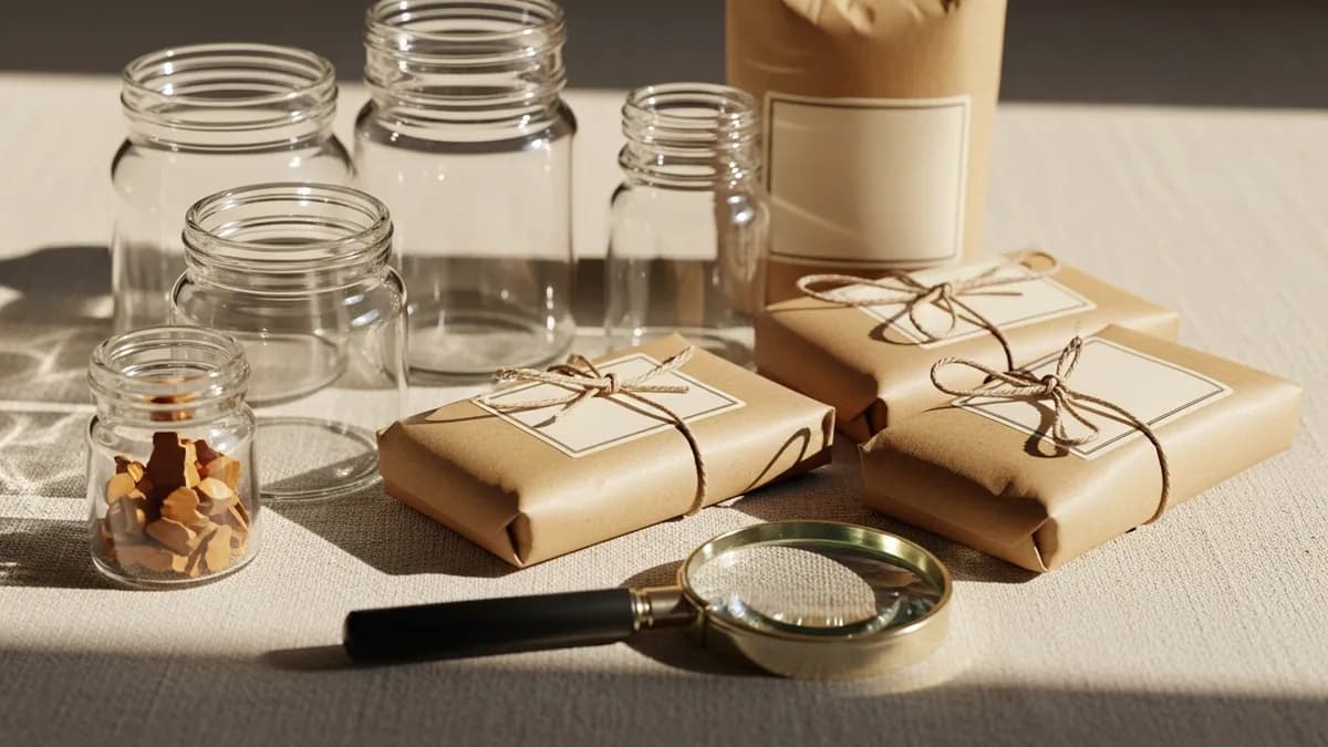 Glass jars and packaged goods on linen with a magnifying glass under soft window light