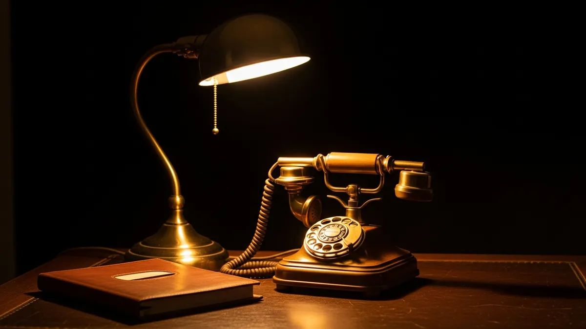 A vintage brass telephone beside a closed leather address book under a desk lamp